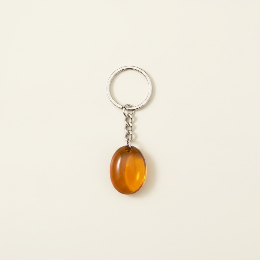 Amber Oval Keyring — A translucent amber oval charm, short chain and complete split ring.