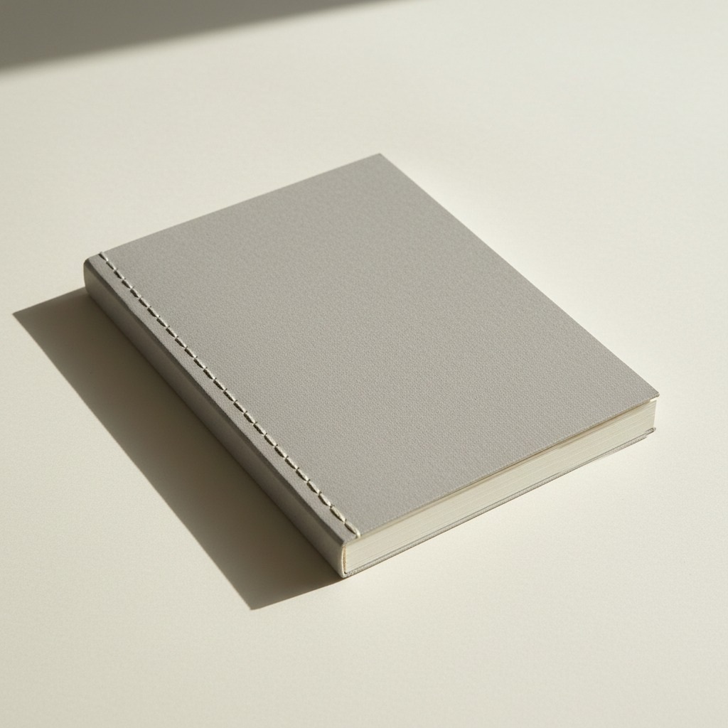 Exposed Spine Notebook — Plain ivory covers around a visibly uncovered, sewn spine.