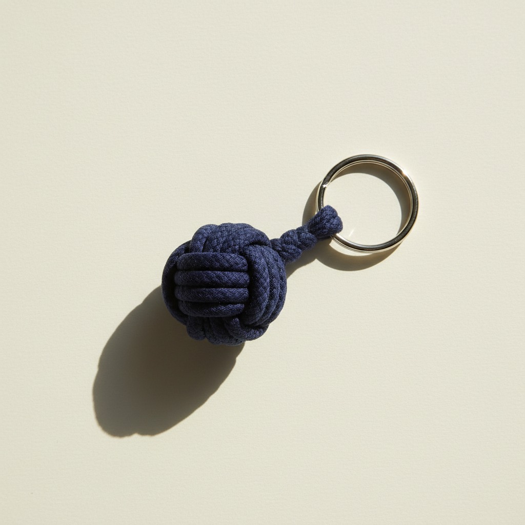 Navy Knot Keyring — A compact braided cord knot connected to a round split ring.