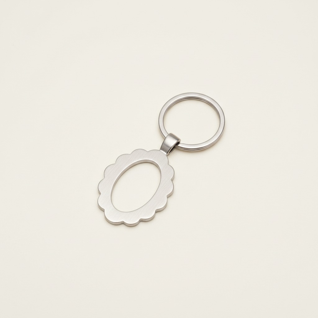 Open Scallop Keyring — An open oval charm with a scalloped metal-looking perimeter.