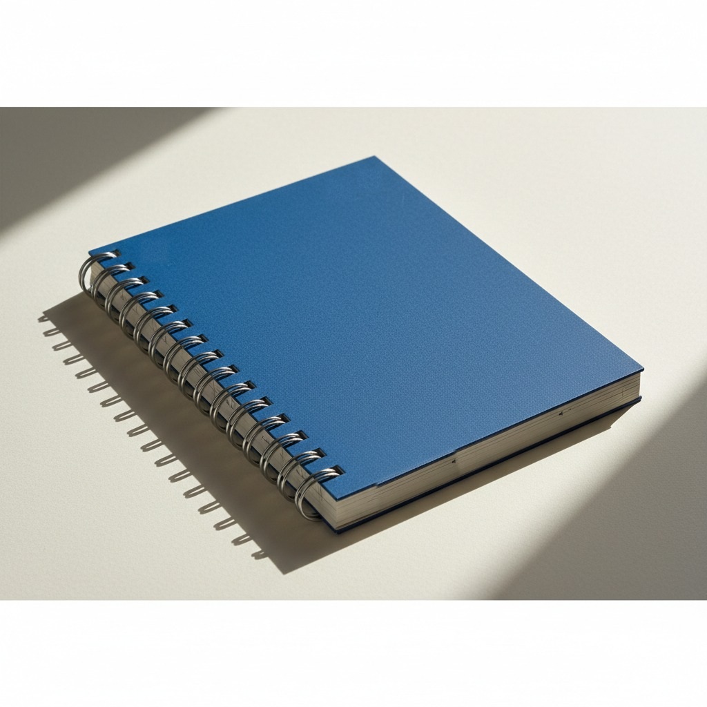 Twin-Wire Notebook — A blank cobalt cover with visible double-loop wire binding.