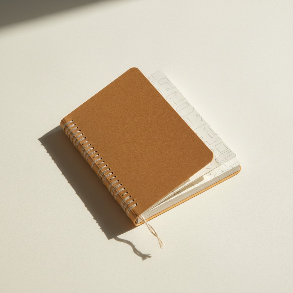 Stitched Softcover Notebook — An amber flexible-looking cover with visible thread stitching at the fold.