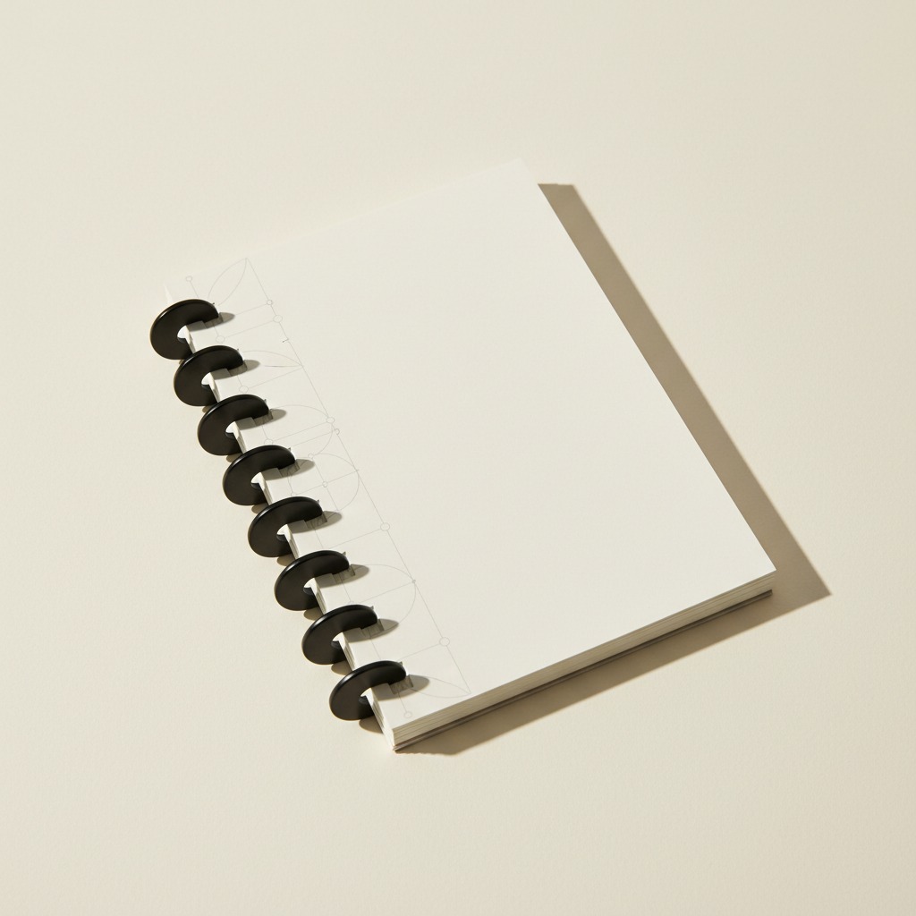 Disc-Bound Notebook — A blank ivory cover held along one edge by separate dark binding discs.
