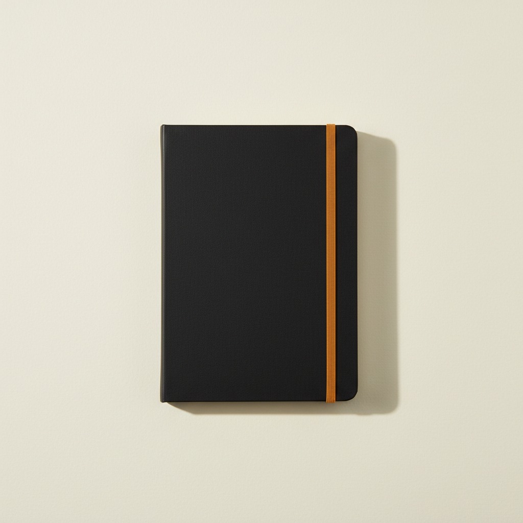 Elastic Closure Notebook — A plain ink-black rigid-looking cover with an amber vertical elastic band.